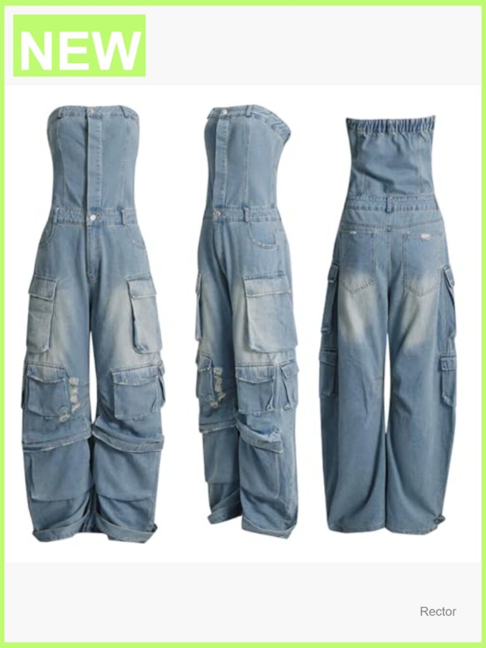 Cargo Denim Jumpsuit with Pockets, Stretch, Button Down - Picture 5 of 7